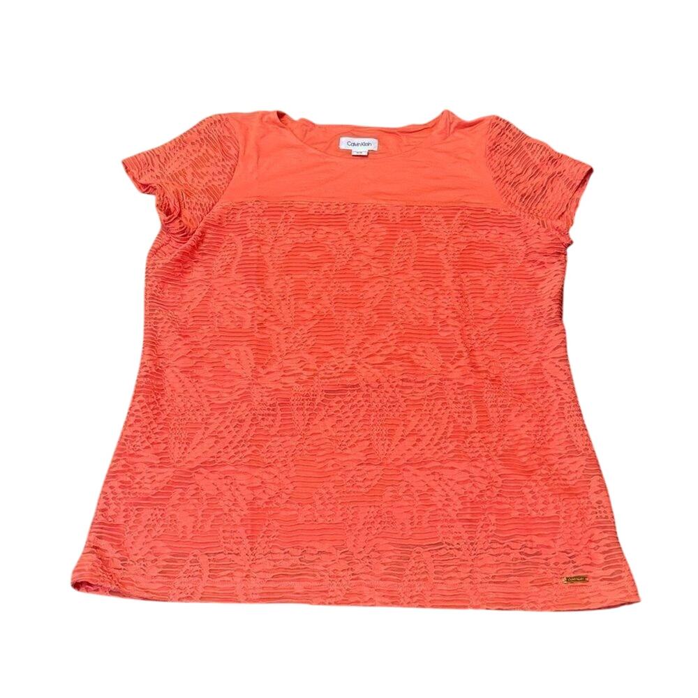 Calvin Klein Women's Medium‎ Fitted Orange Blouse Short Sleeve Top Floral Lined
